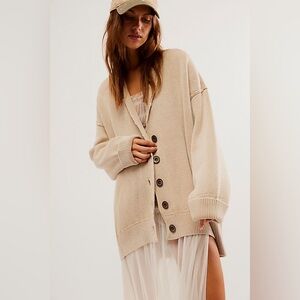 Free People Beige Oversized Button-Up Cardigan